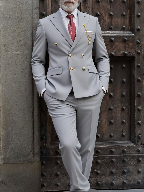 Men's 2pcs Suit, Double-Breasted Notch Lapel Solid Color Blazer and Pants Set.