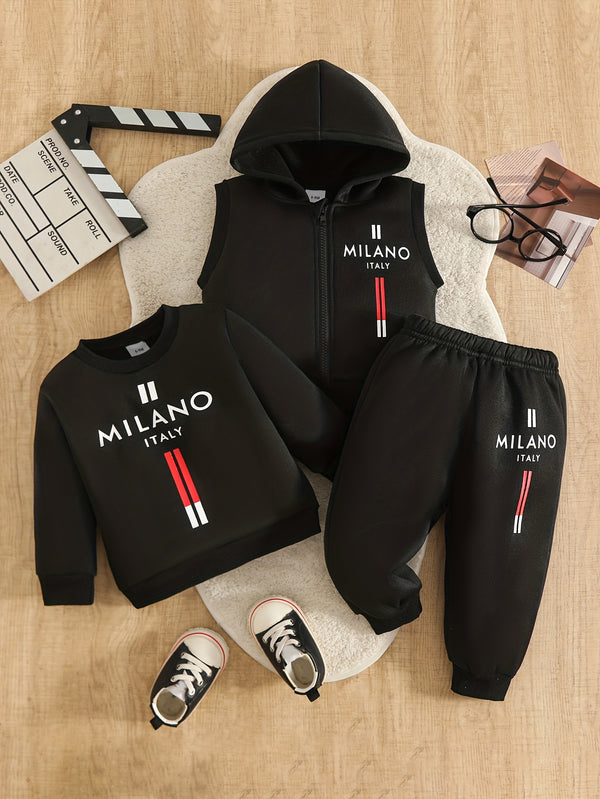 3pcs Set - Kids Autumn/Winter Long Sleeve Pullover Top + Elastic Waist Pants.