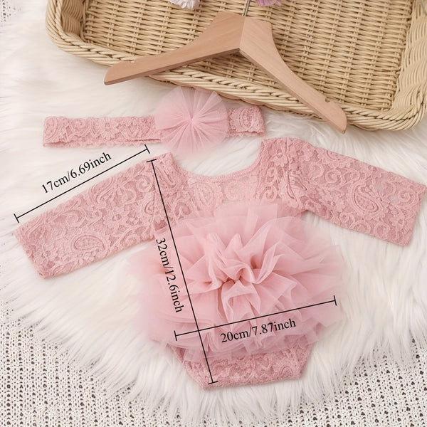 2pcs Purple Lace Bodysuit and Headband Set for Baby Girls.