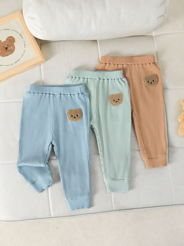 3pcs Boys' Solid Color Cotton Ribbed Knit Bear Patch Stretch Waist Pants/Leggings.