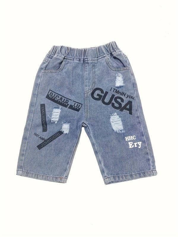 Boys' Outdoor Casual Fashion Summer Short Sleeve T-Shirt and Shorts Set with Car Print.
