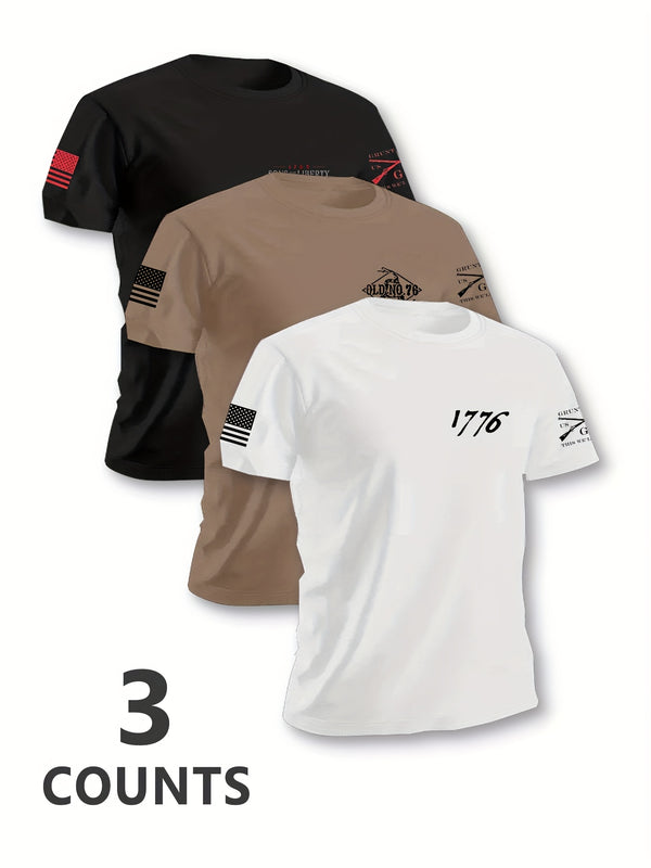 3pcs Men's Short-sleeve Pattern Print Crew Neck T-shirt.