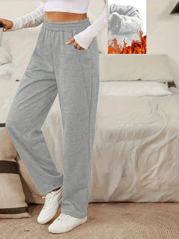 Women’s Winter Warm Straight-Leg Pants with Elastic Waist & Pockets.