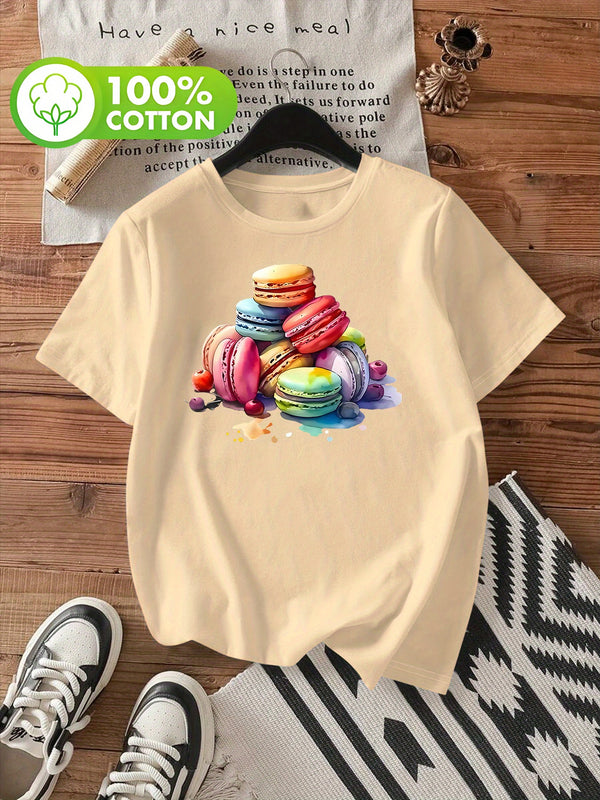 Women's Stylish Macaron Print Round Neck Short Sleeve T-Shirt.