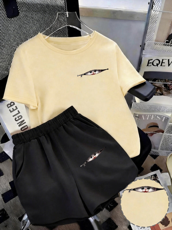 Women's Trendy Casual Sports Short-Sleeve Top And Shorts Set.