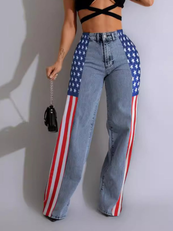 Women's High-Waisted Straight Wide Leg Jeans with American Flag Design.