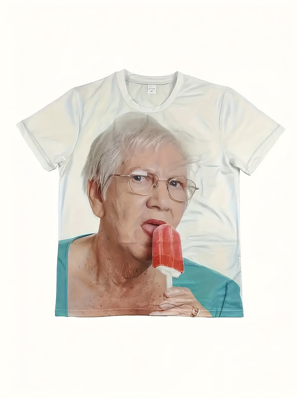 Men's Novelty T-Shirt - Elderly Woman with Ice Cream Print.