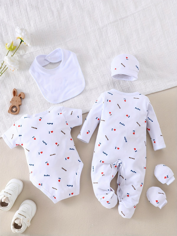 5pcs "I Love Papa and Mama" Embroidered Newborn Baby Clothes Set.