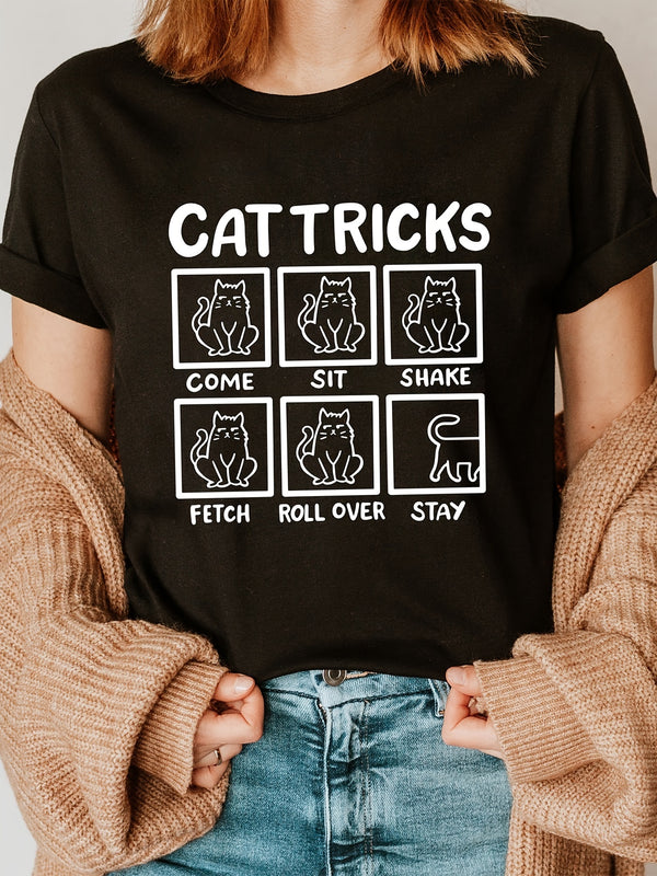 Women’s Clothing Cat Tricks Print Crew Neck T-shirt.