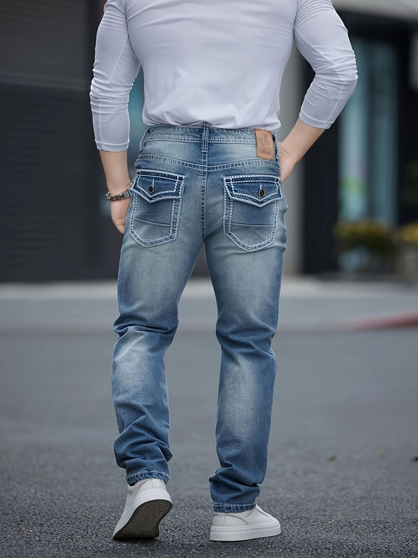 Men's Classic Embroidered Stretch Denim Jeans with Thick Lines.