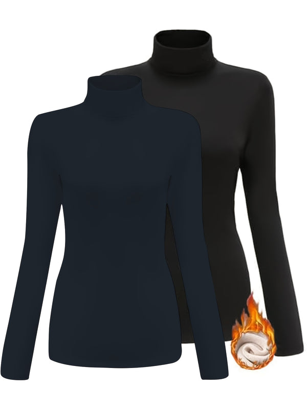 Women's High Collar T-Shirt Autumn And Winter Fleece Lining Warm Long-Sleeved.