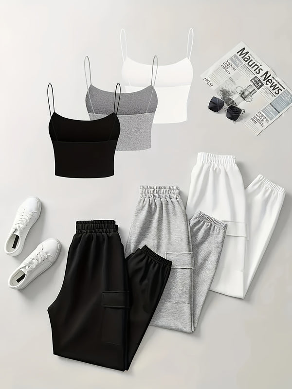 Set of 6 Items Including a Women's Thin Strap Tank Top And Solid Color Long Pants.