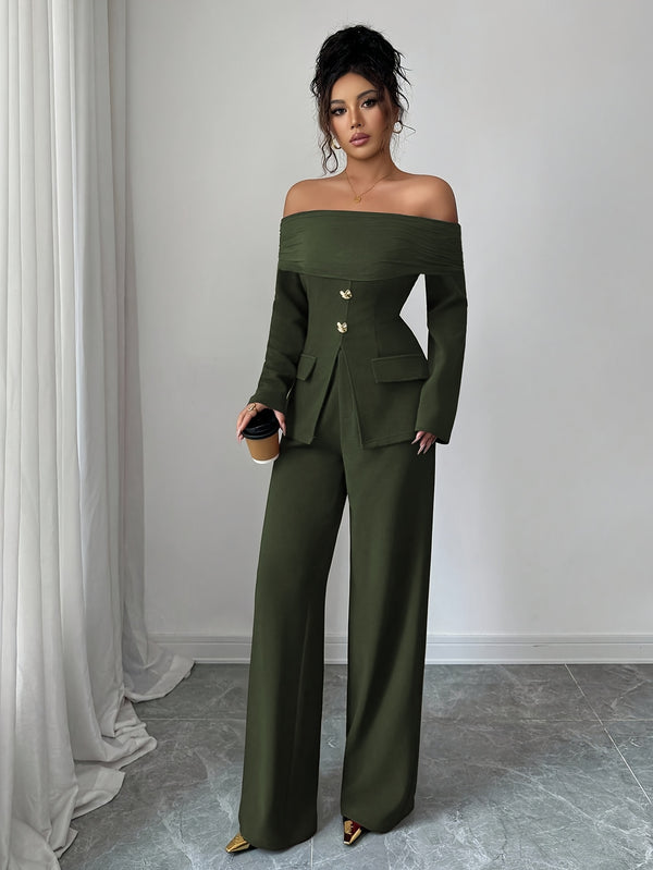 Women's Elegant Versatile Off-Shoulder Top with Mesh Panel Slim Fit Waist Zipper.