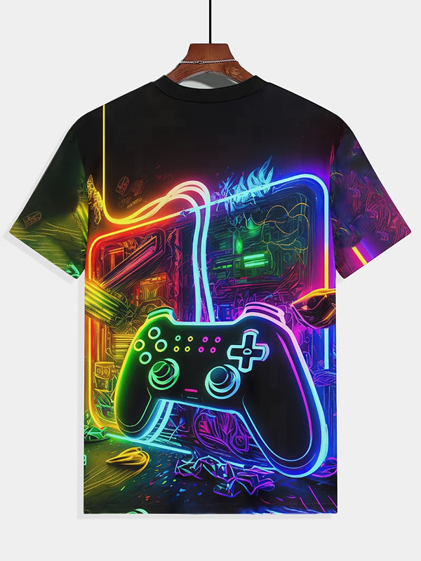 Men's Gaming Graphic T-Shirt - 3D Printed Neon Game Controller Design.