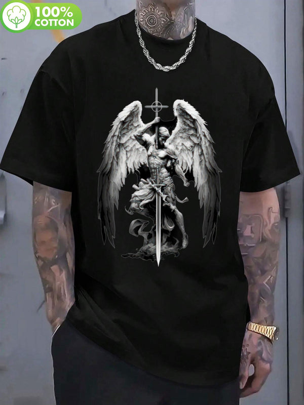 Men's Black Angel and Sword Graphic T-Shirt.