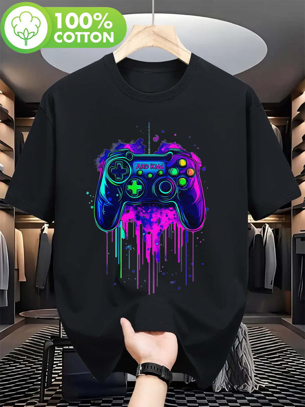 Men's Cotton T-Shirt with Vibrant Neon Gaming Controller Graphic.