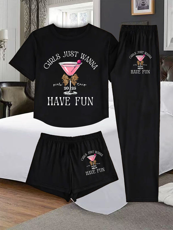 A Three-Piece Women's Loungewear Set, Featuring a Printed Design.