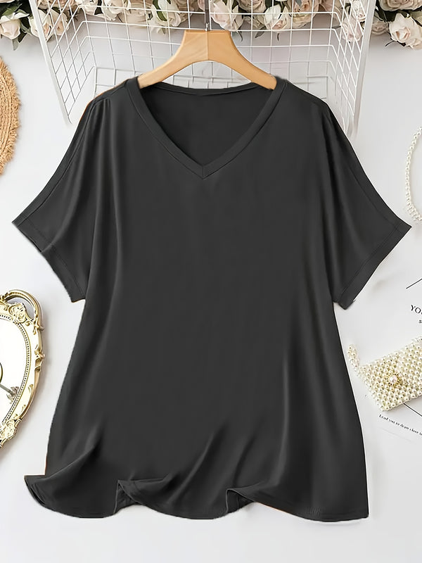 Plus Size Women's Solid Color Short Sleeve V-Neck T-Shirt.