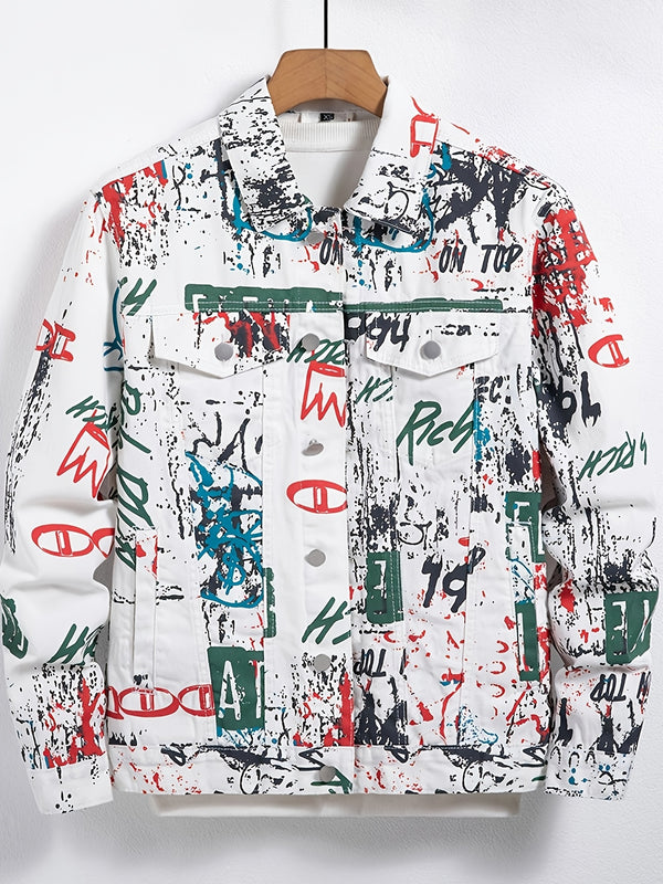 Men's Streetwear Faux Denim Jacket with Random Graffiti Print.