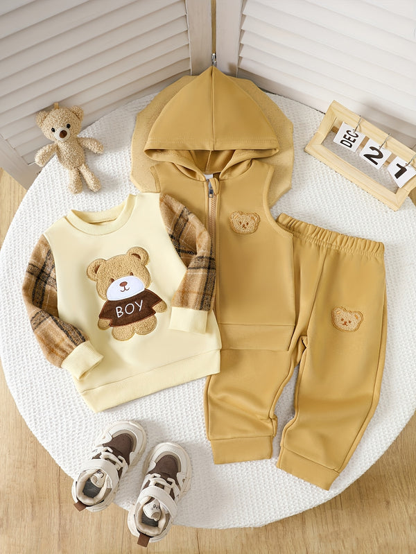 Baby Boy's 3pcs Set: Embroidered Bear Hooded Vest with Embroidered Bear Plaid Patchwork Top.