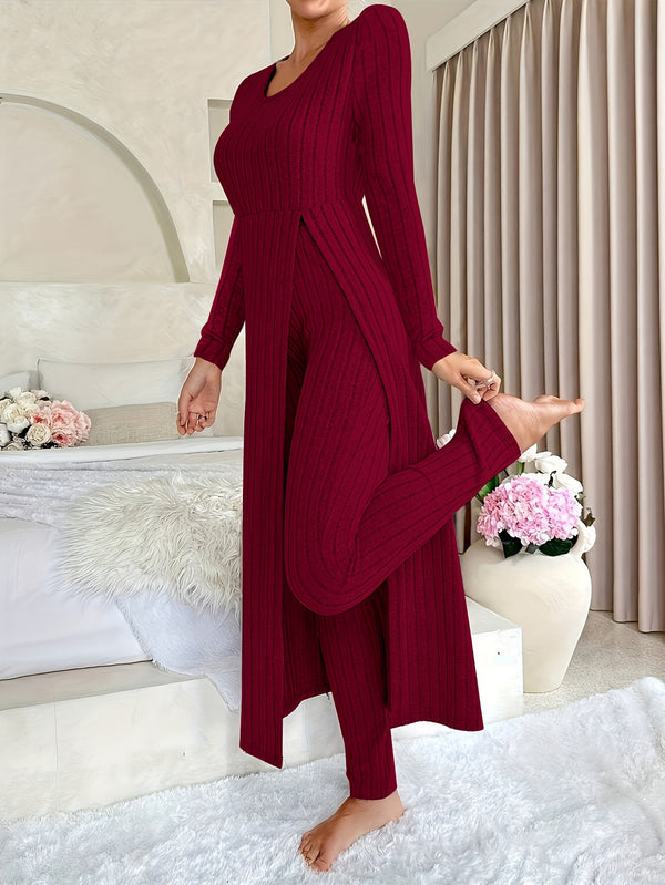 2pcs Women's Designer Round Neck Split Long Sleeve Top and Pants.