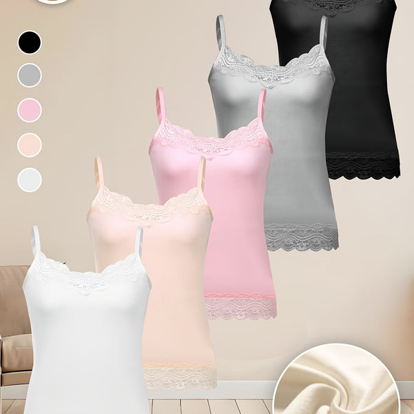 5pcs Women's Elegant Contrast Lace Trim Sleeveless Smock Tops.