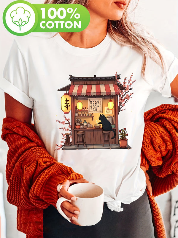 Women’s Cute Black Cat Eating Ramen Anime Print T-Shirt.