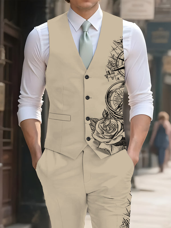 Men'S Digital Print Fashionable Suit Jacket + Vest + Trousers Three-Piece Set.
