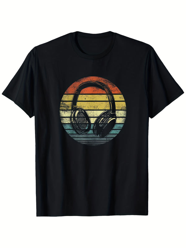 Men’s Black T-Shirt with Sunset Headphones Print.