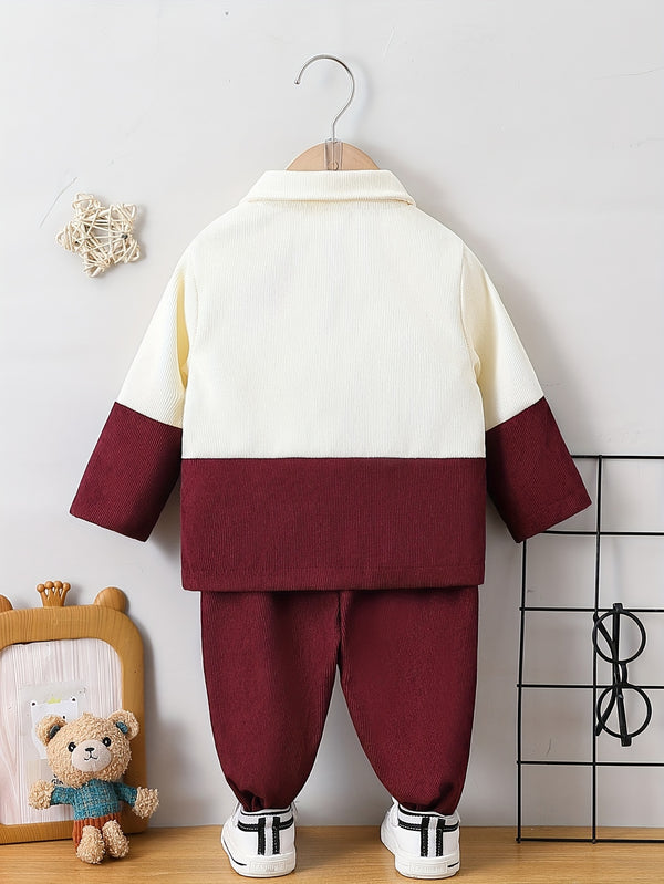 Boys Lapel Patchwork Shirt + Solid Color Shorts Two-Piece Set.