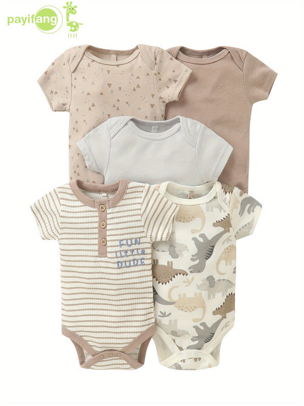 5pcs Set Newborn Infant Romper Animal Dinosaur Striped Suitable for Baby Boy.