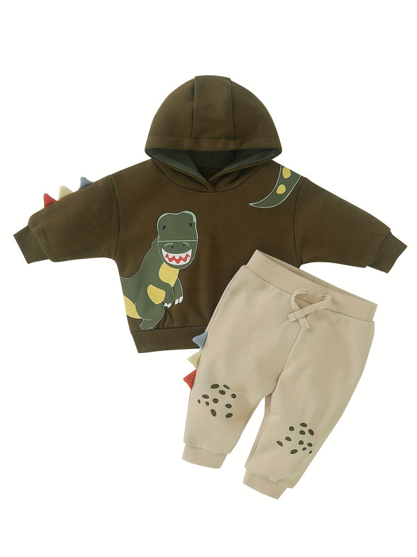 2pcs Baby Boy Set, Long-Sleeved Fleece Hooded Sweatshirt + Long-Sleeved.