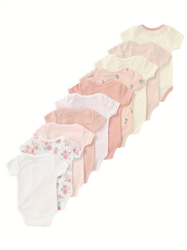 10pcs Newborn Baby Girl Romper with Letter Embroidery.