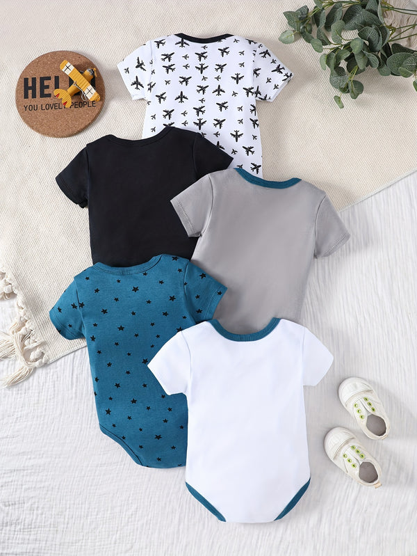 New 5pcs Set Boys' Triangle Bodysuit, Multi-Color.