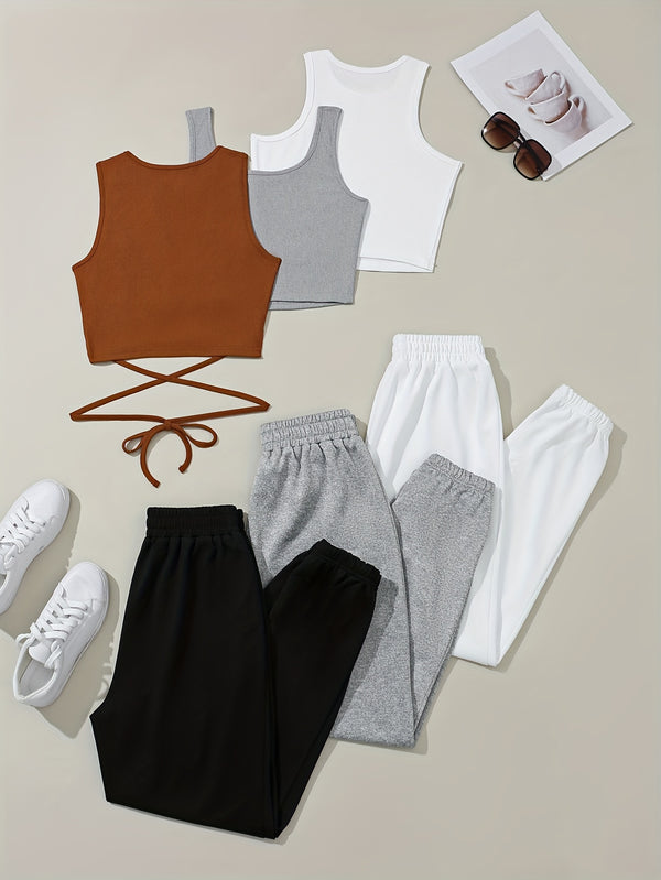 A Set of 3 Different Styles of Tank Tops and Pants for Women.