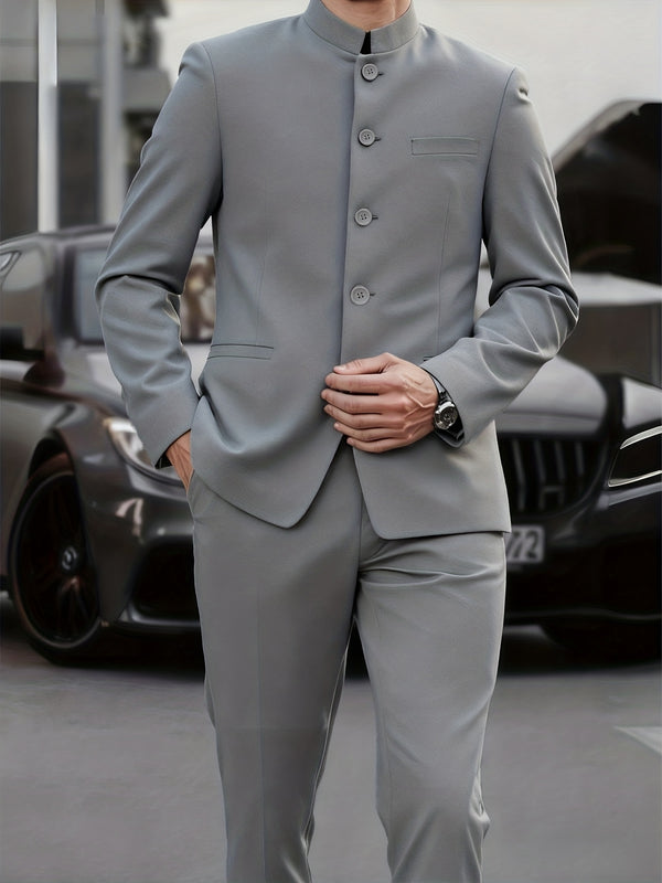 2pcs Men's Mao Suit Jacket and Trousers Set for Banquet and Business.