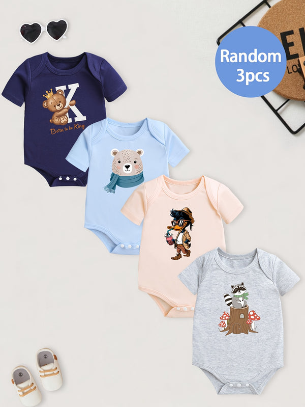 3pcs Set of Random Pattern Boys Short-Sleeve Romper Bodysuits.
