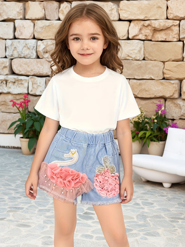 New Girls' Embroidered Swan Denim Shorts, Versatile Outerwear Pants for Girls.