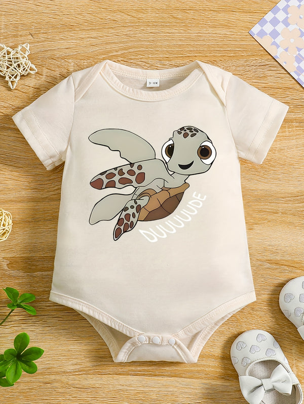 Baby Boy Summer Short-Sleeved Cartoon "Little Turtle" Print Romper, for Outdoor.