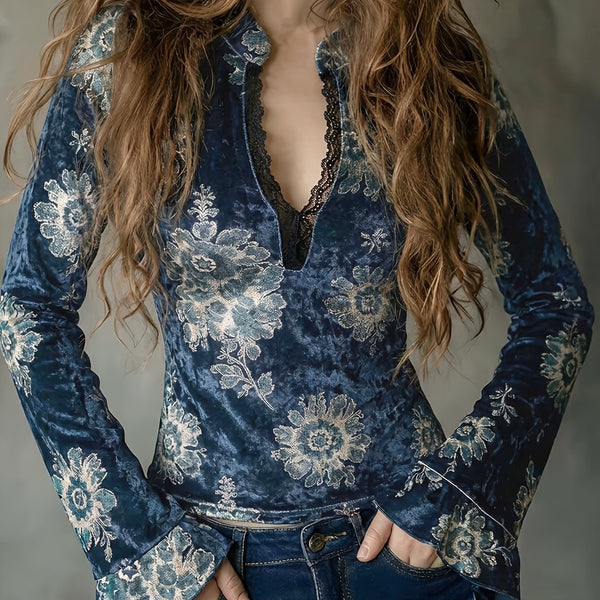 Women's Vintage Blue Floral Velvet Blouse, Lace Bell Sleeve Deep V-Neck Top.