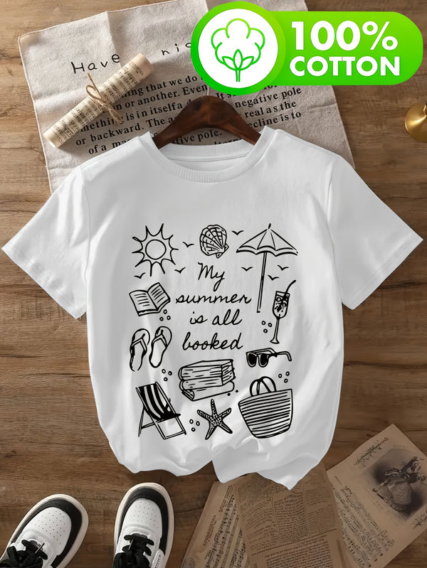 Women's Casual T-Shirt - Beach & Book Lovers Graphic Print.