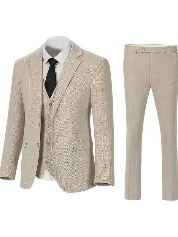 Men's Three-Piece Suit Made of Blended Herringbone Fabric.