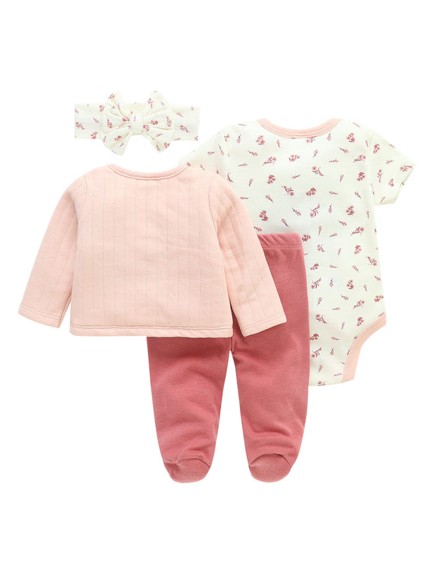 Four-Piece Infant Romper, Long-Sleeve Top, and Footed Pants Set.