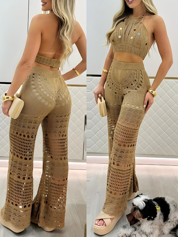 2pcs Women’s Golden Coast Brown Outfit Consisting of a Top And Long Pants.