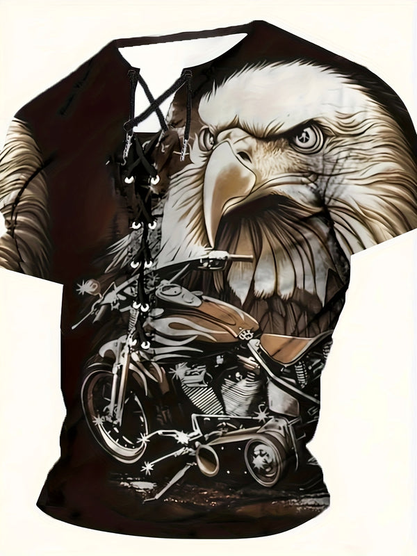 Men's Casual Henley Shirt - Red, Blue, Green, Yellow, Cyan Eagle Print Tie-Back.