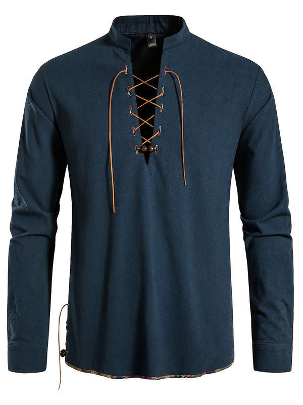 Men's Henley Shirt Long Sleeve Casual Beach Stand Collar Shirt.