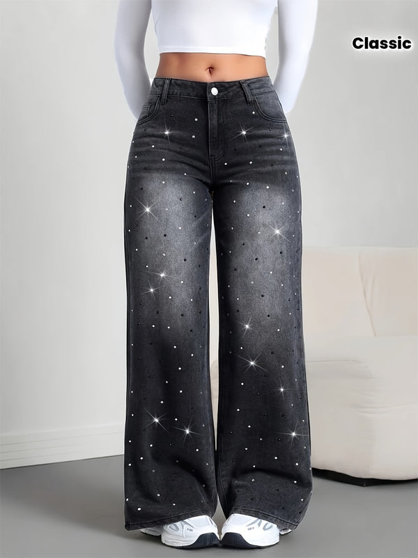 Women’s Classic Black Skinny Jeans Adorned with Sparkling Rhinestones.