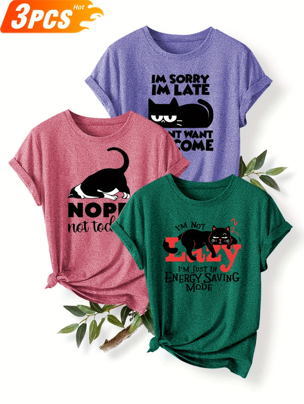 3pcs Women’s Featuring a Round-Neck Short-Sleeve T-Shirt.