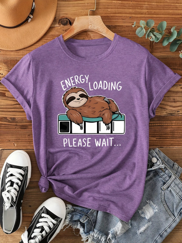 Women's Sloth "Energy Depleted" Print Crew Neck Casual Vintage Style T-Shirt.
