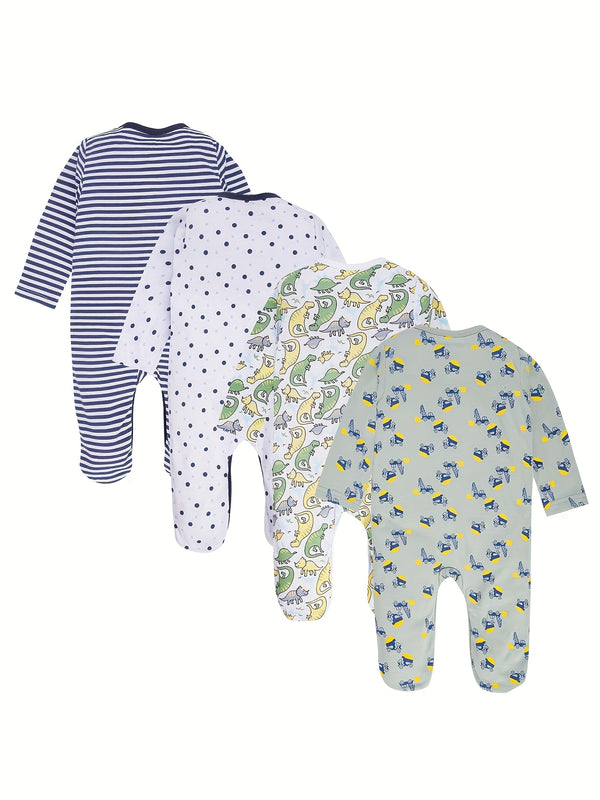 4pcs Bamboo Fiber Footed Onesies for Newborn Boys.